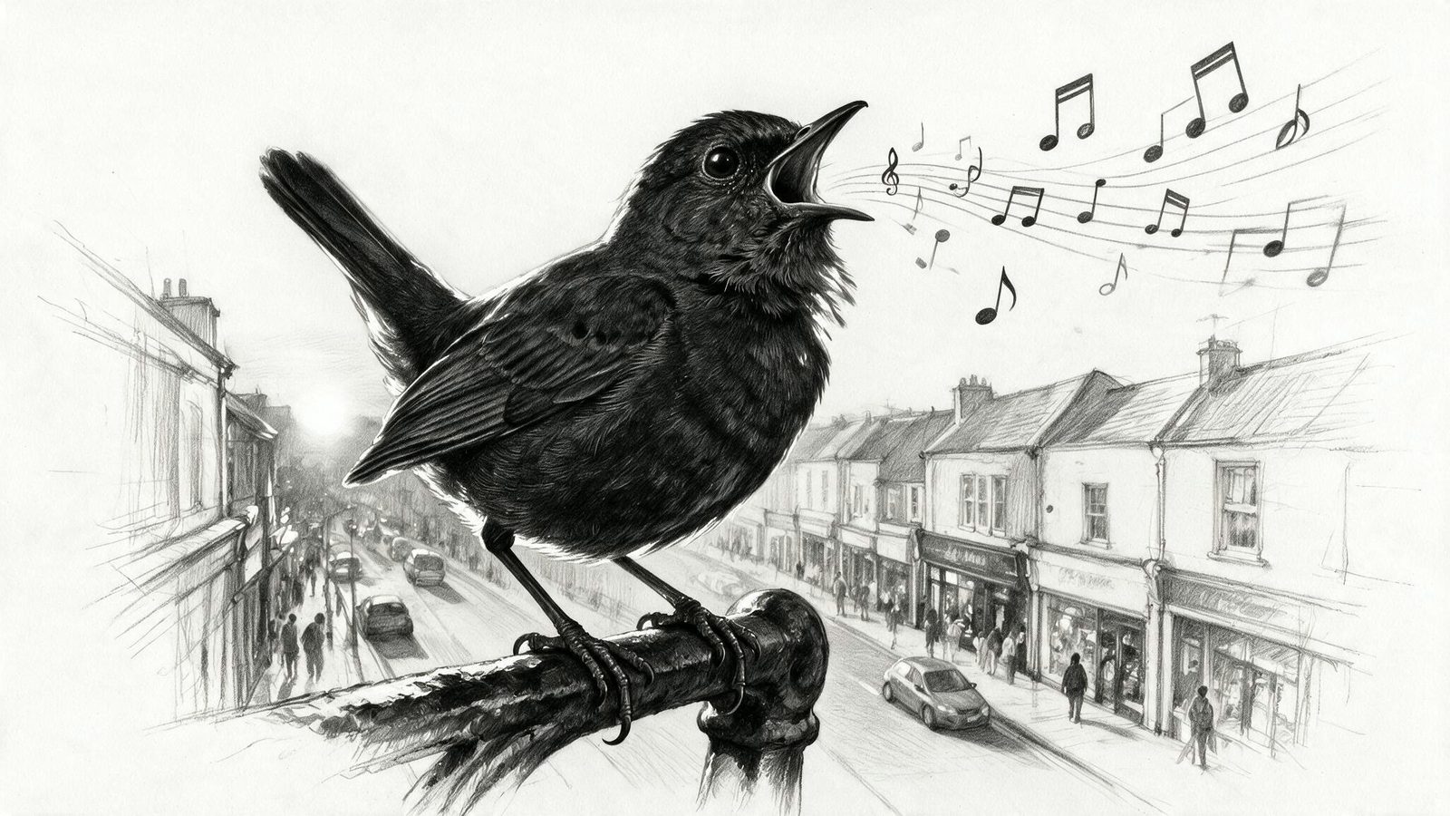 Storyboard-Sketch: singende Amsel auf einer Straße
