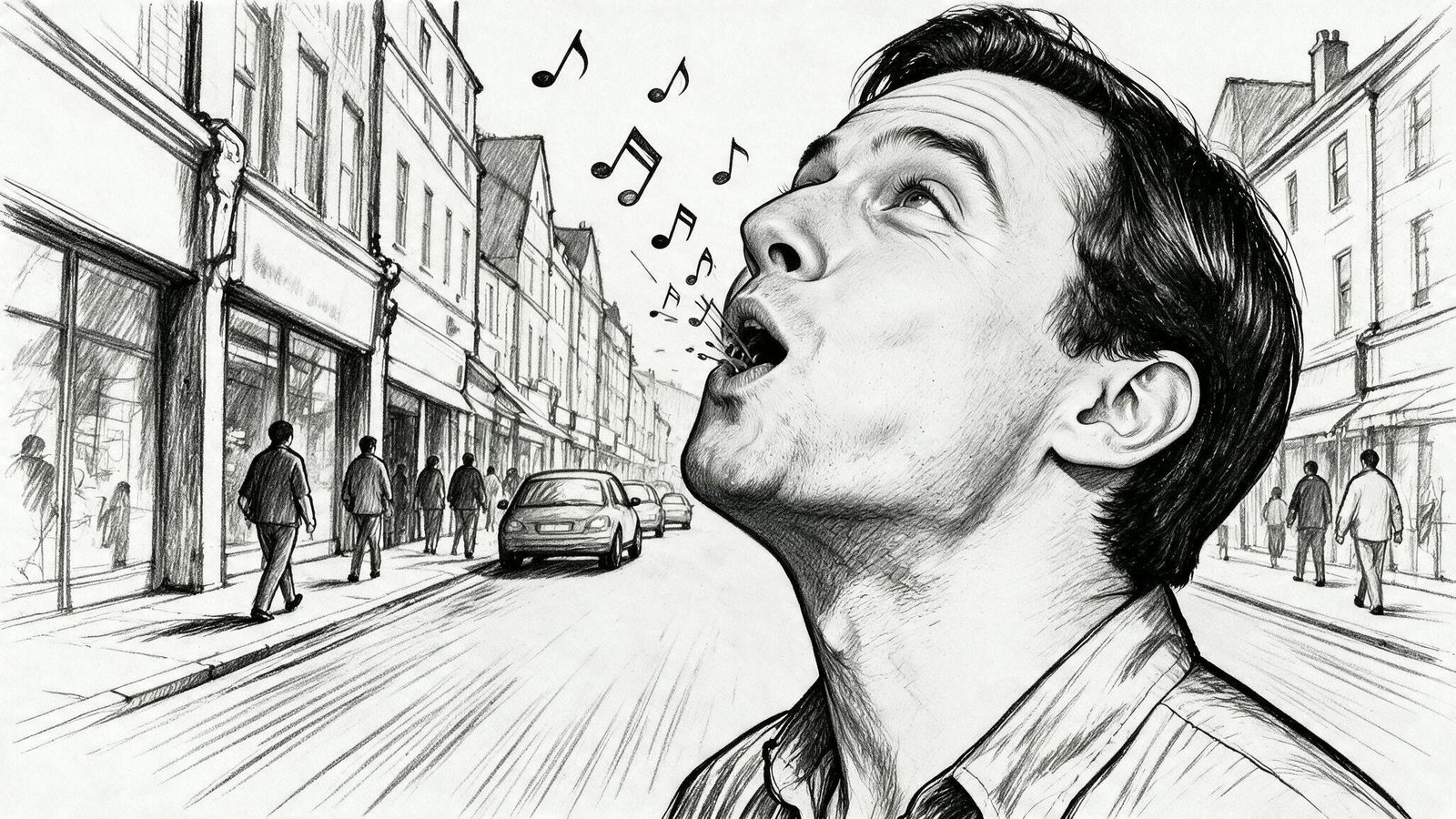 Storyboard-Sketch: singender Mann auf der Straße