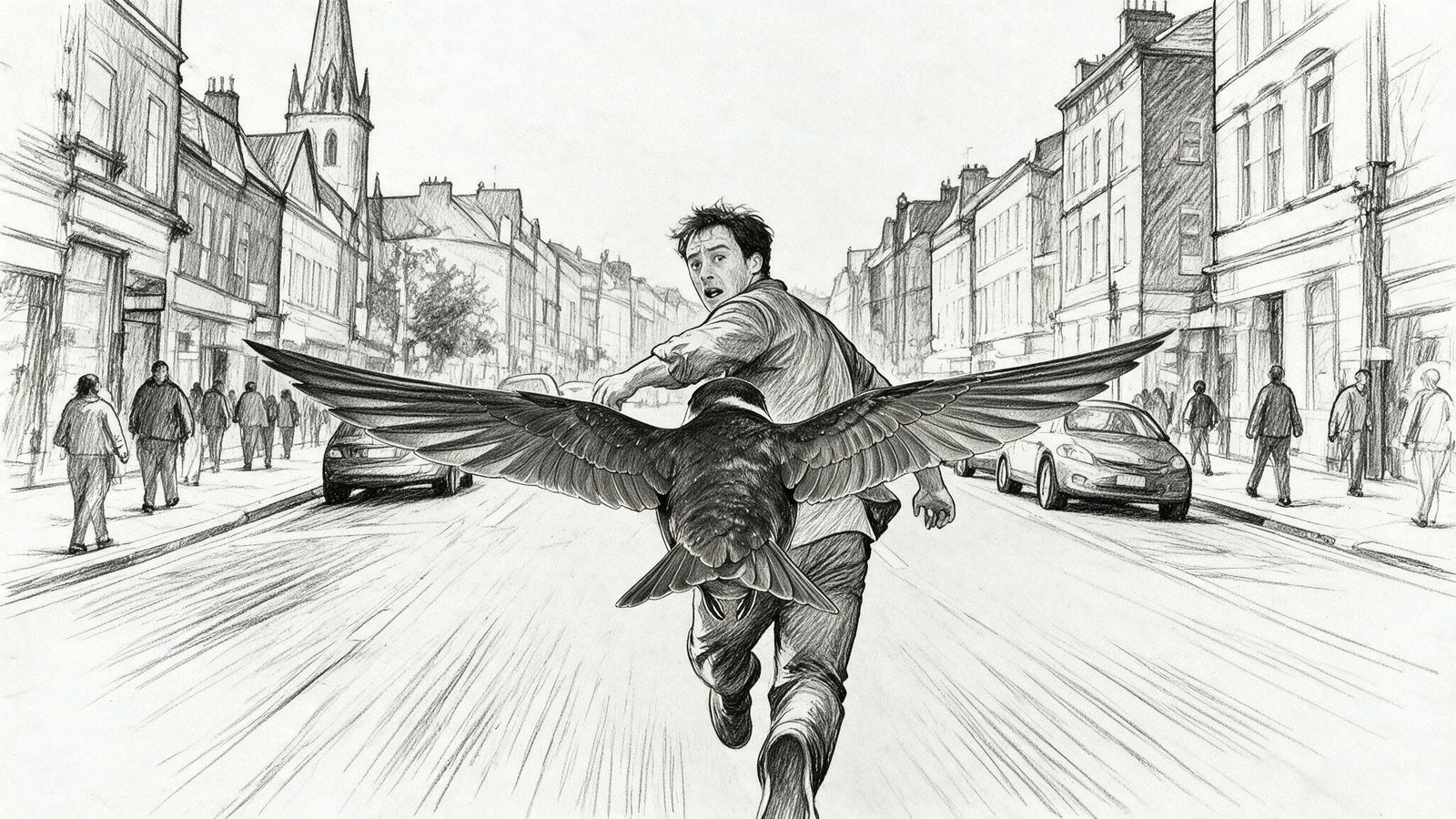 Storyboard-Sketch: Mann rennt mit einem Vogel